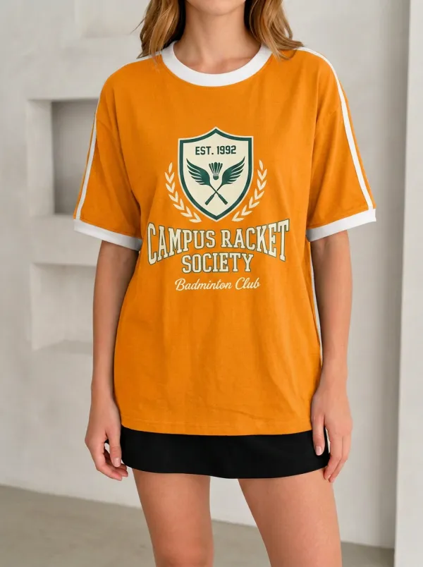 Women's Badminton Lover Campus Racket Society Printed T-shirt