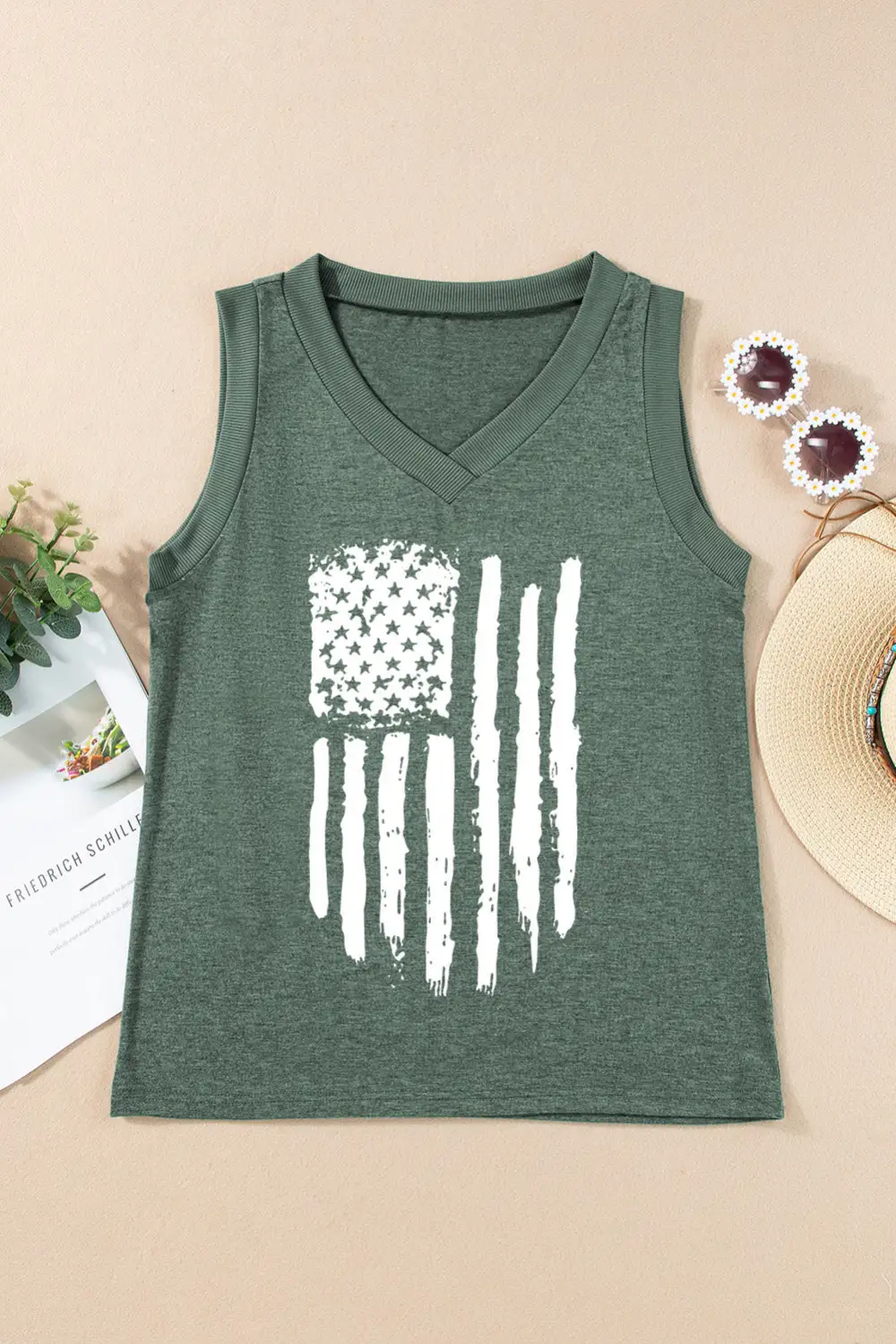 Frayed Flag Printed V Neck Tank Top