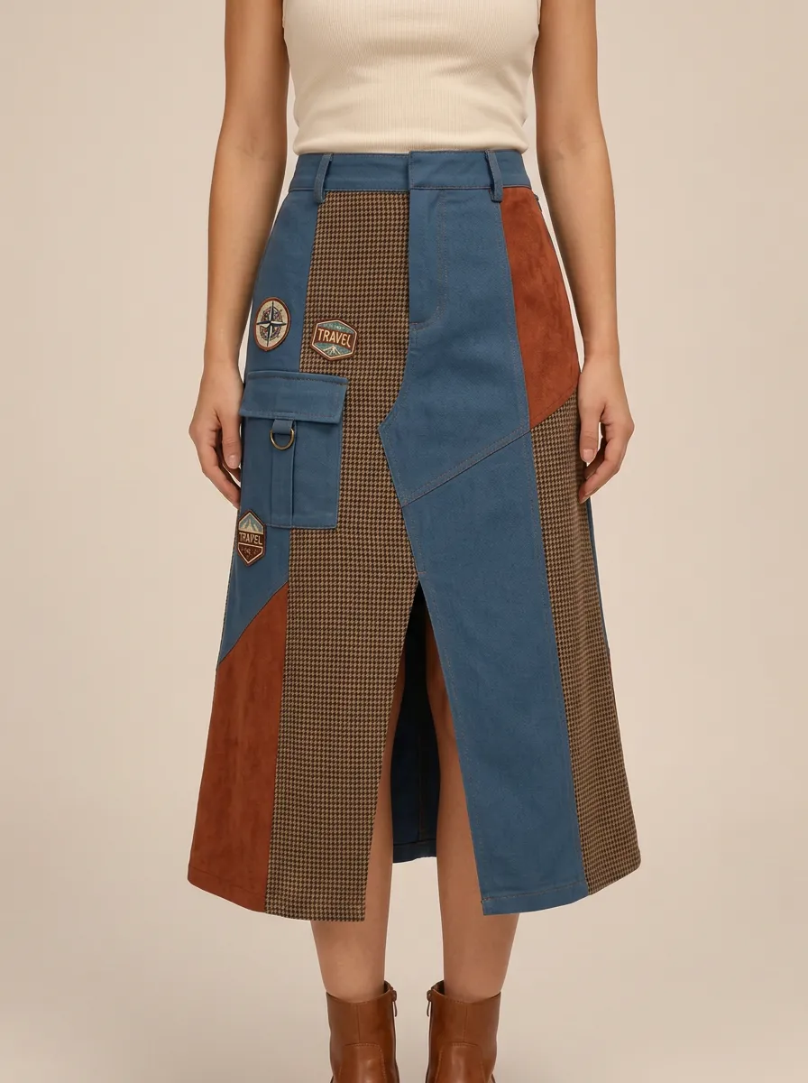 Women's Travel Enthusiast Patchwork Houndstooth Printed Midi Skirt