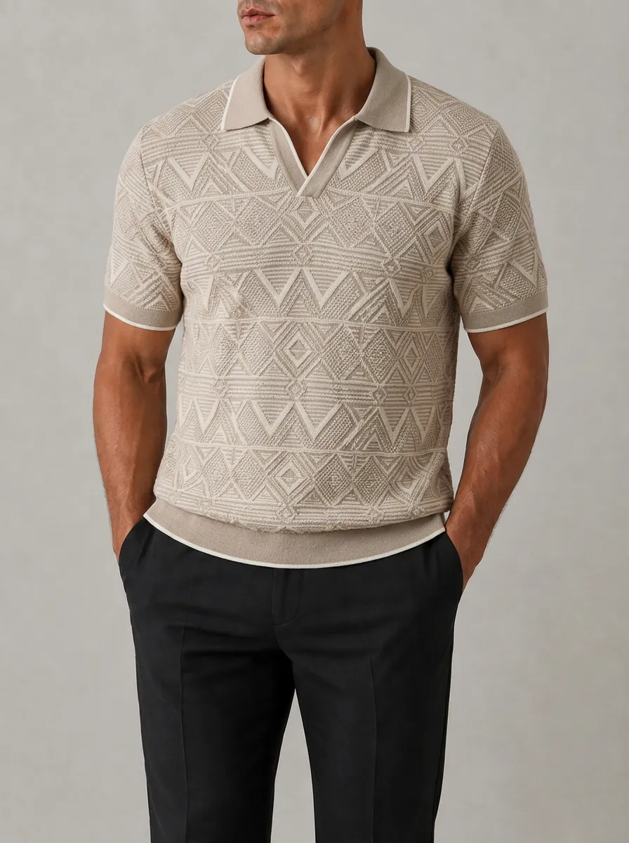 Men's Geometric Pattern Knit Polo Shirt with Textured Knit