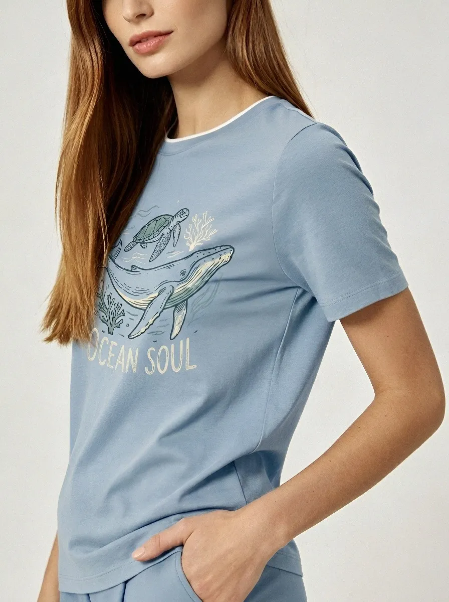 Women's Ocean Lover Whale Turtle Printed T-shirt