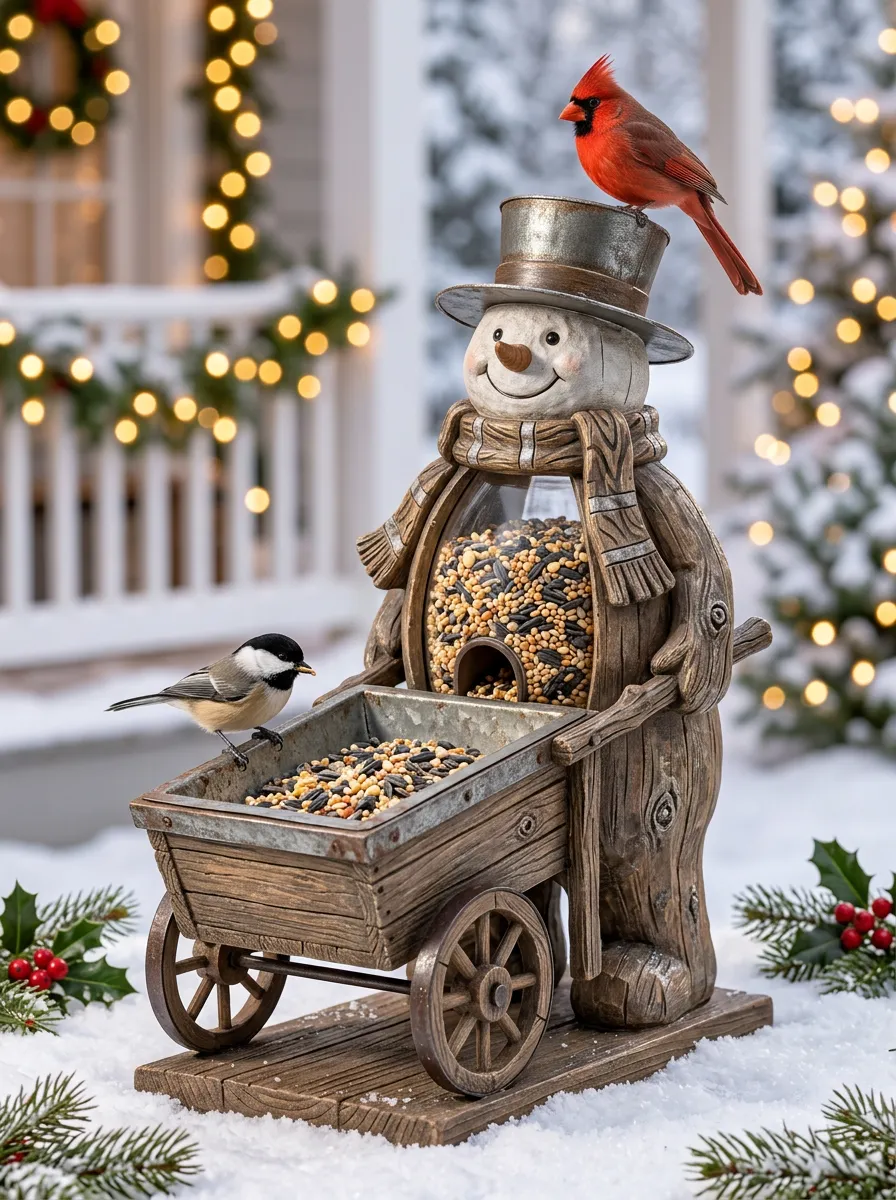 Snowman with Wheelbarrow Christmas Bird Feeder