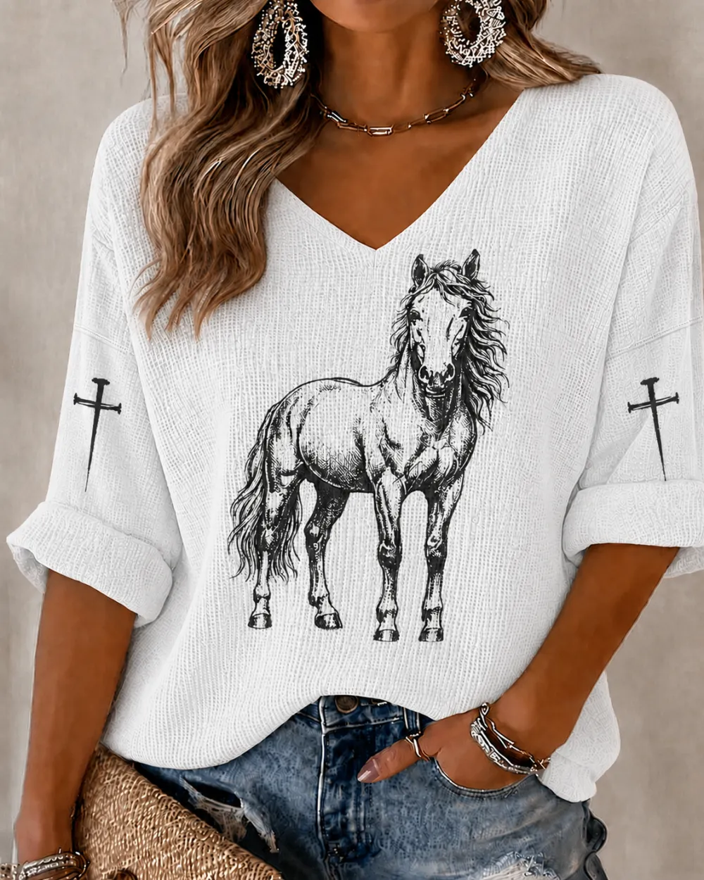 Women'S Casual Western Style Horse Retro Printed Top