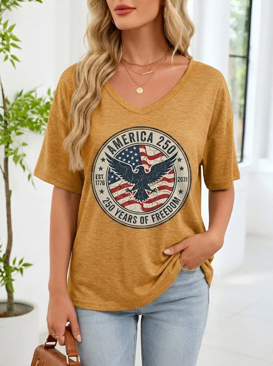 Women's USA Patriotic Eagle America 250 Printed V-neck T-shirt