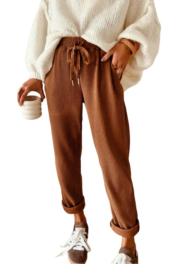 Corduroy High Waist Elastic Waist Drawstring Casual Pants