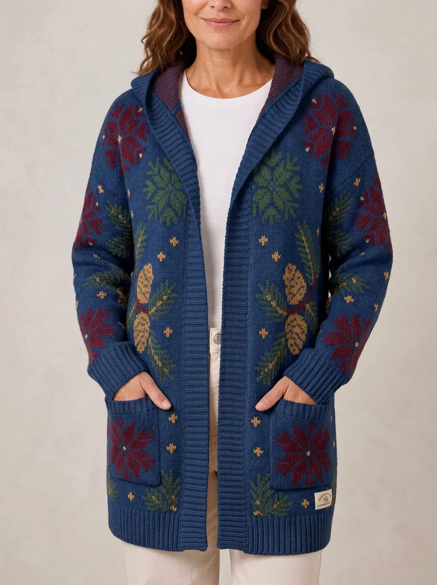 Christmas Snowflake Pinecone Pattern Knit Hooded Cardigan