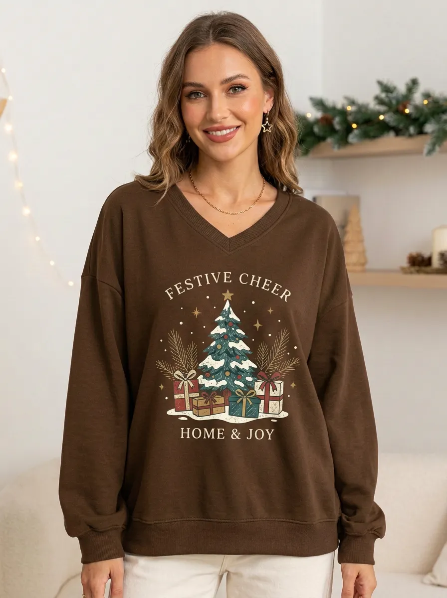 Christmas Tree Gift Box Festive Cheer Print Sweatshirt