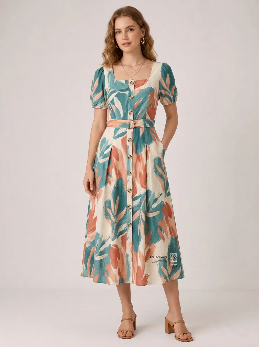 Women's Botanical Abstract Leaf Printed Button-Down Midi Dress