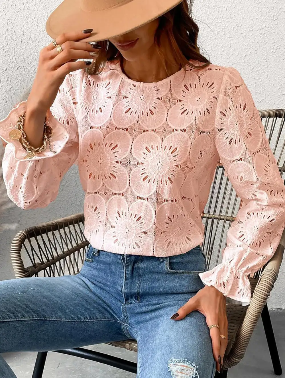 Openwork Lace Long Sleeve Blouse