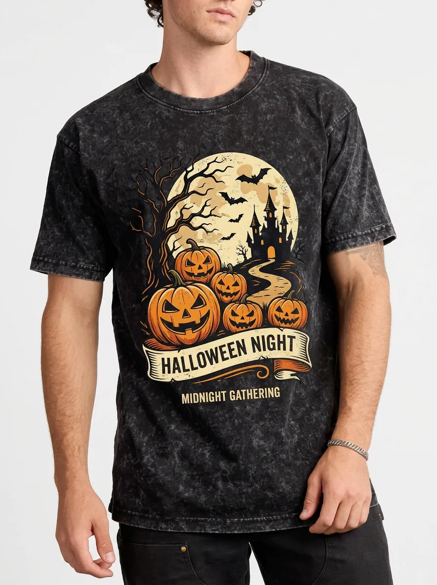 Men's Halloween Night Pumpkin Castle Moon Printed T-shirt