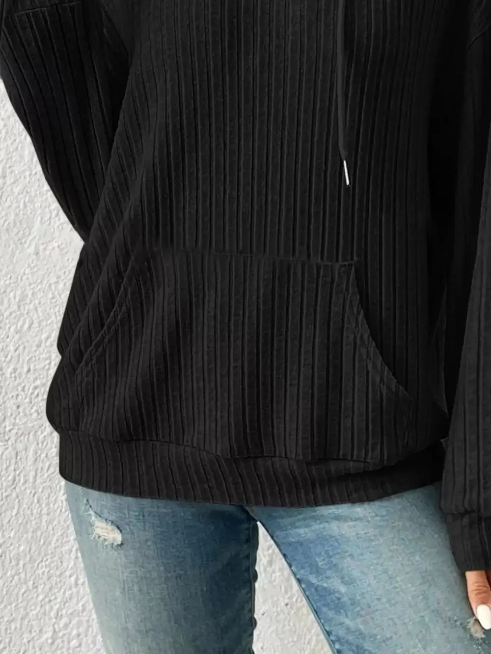 Relaxed Drawstring Pocketed Long-Sleeve Ribbed Hoodie