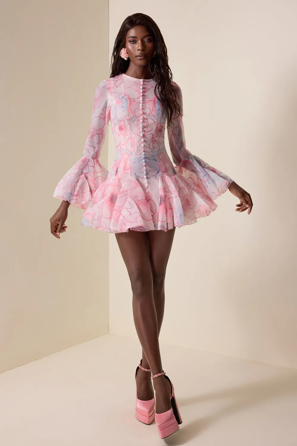 Floral Single Breasted Long Sleeve Mini Dress