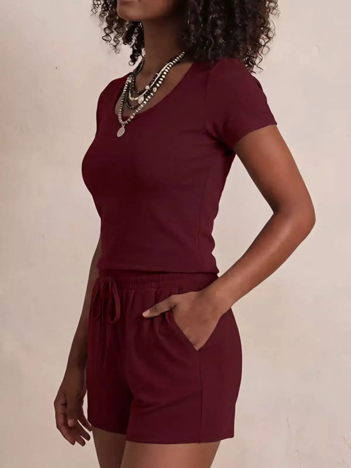 Drawstring Pocketed Tee and Shorts Matching Set