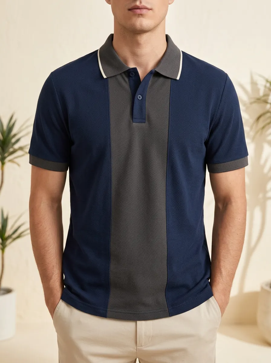 Men's Ribbed Textured Striped Colorblock Contrast-Panel Polo Shirt