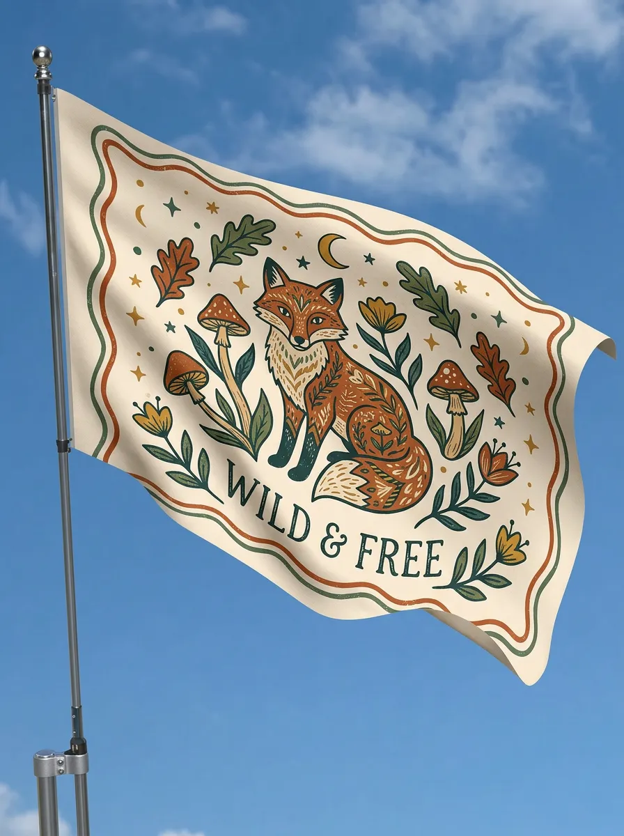 Wild and Free Fox Mushroom Flag