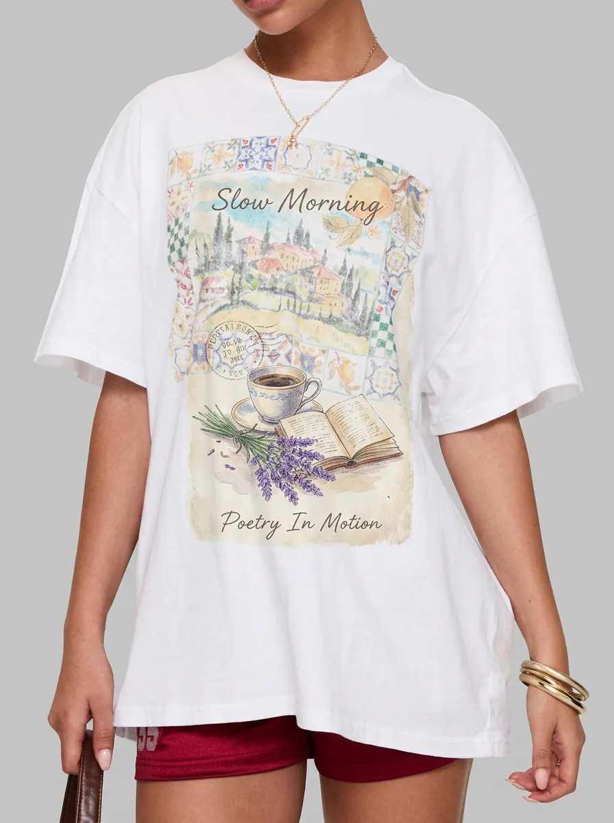 Women's Slow Morning Coffee Lavender Book Printed T-shirt