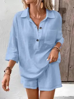 Button-Detail Pocketed Cotton Top and Shorts Matching Set