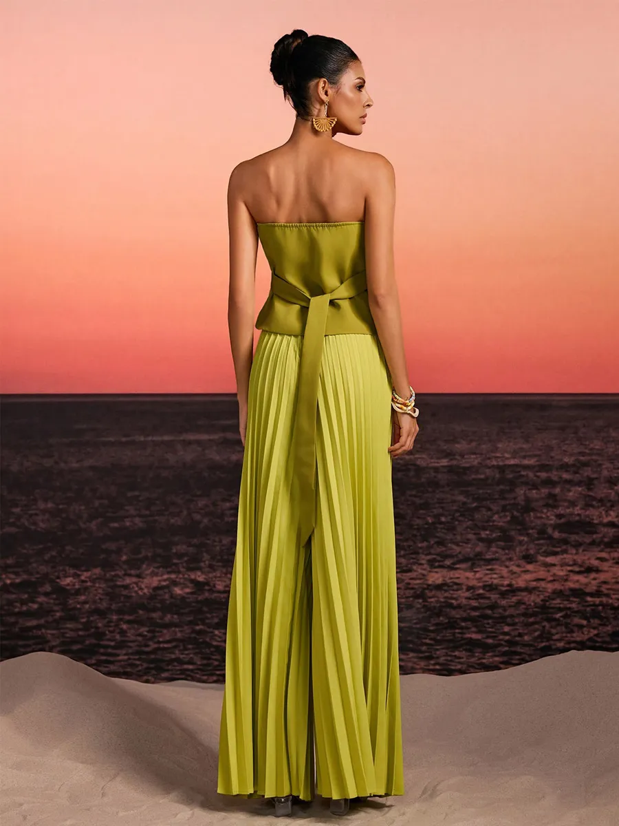 Persephone Strapless Crystal Pleated Pants Set In Green