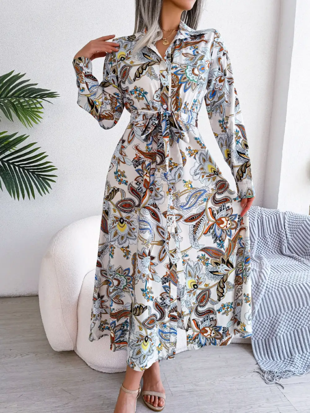 Long-Sleeve Printed Midi Dress