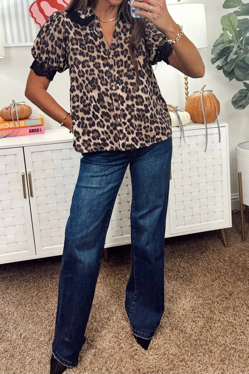 Leopard Print Lace Trim Button Front Shirt Blouse