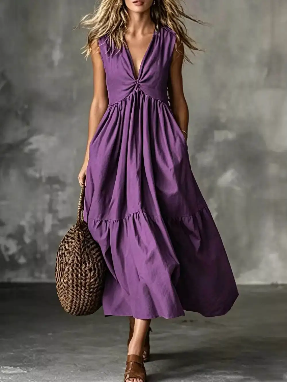 Tiered V-Neck Midi Dress