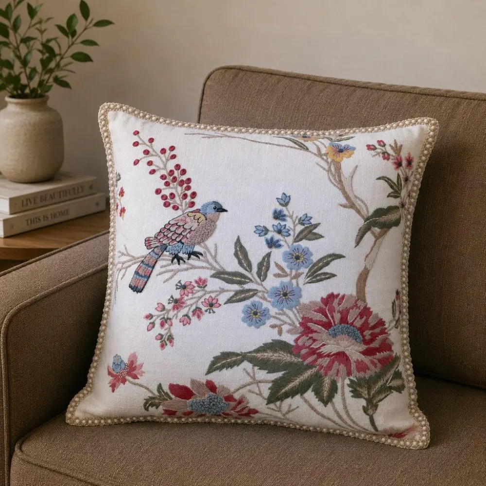 Artisan Profile Hand Embroidered Floral Botanical Cotton Decorative Cushion Cover