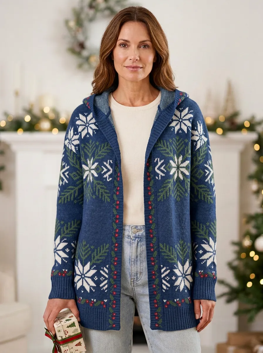 Christmas Snowflake Pattern Knit Hooded Cardigan