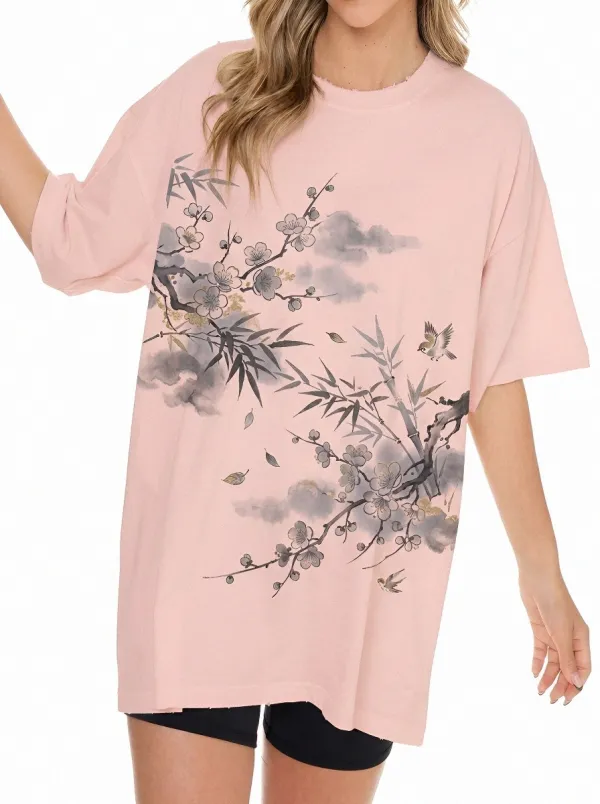 Women's Oriental Art Lover Plum Blossom Bamboo Bird Printed T-shirt