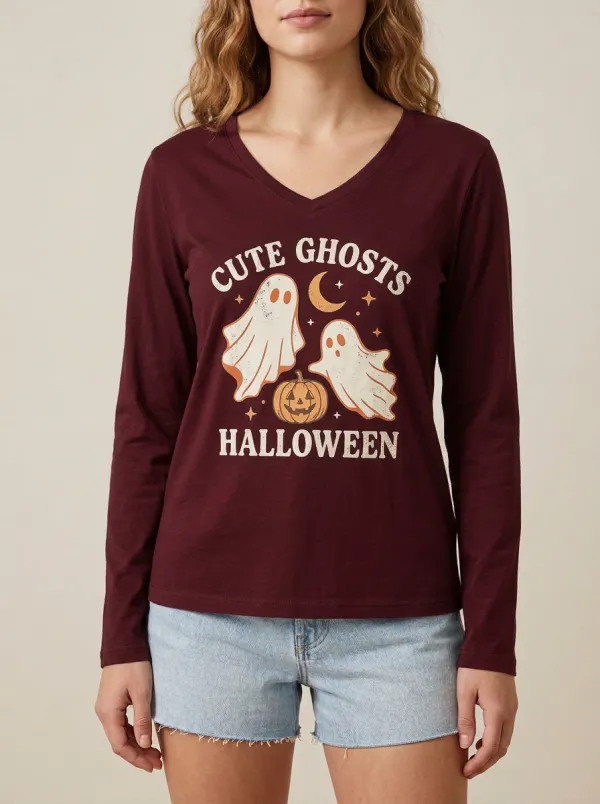 Women's Halloween Cute Ghosts Pumpkin Moon Printed V-neck Long Sleeve Top
