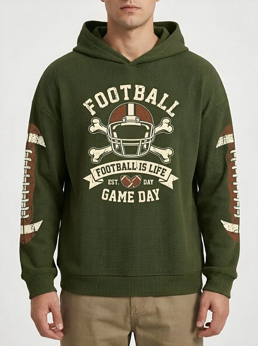 Men's American Football Lover Helmet Bones Printed Waffle Hoodie