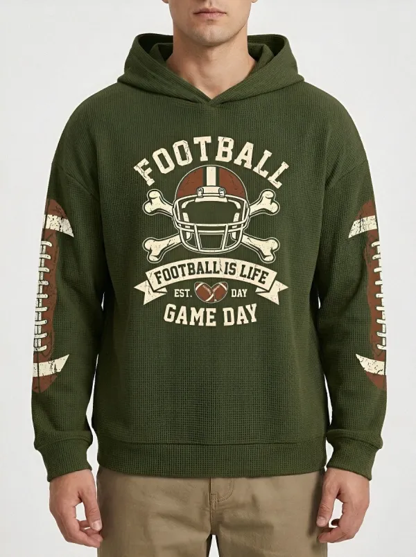 Men's American Football Lover Helmet Bones Printed Waffle Hoodie