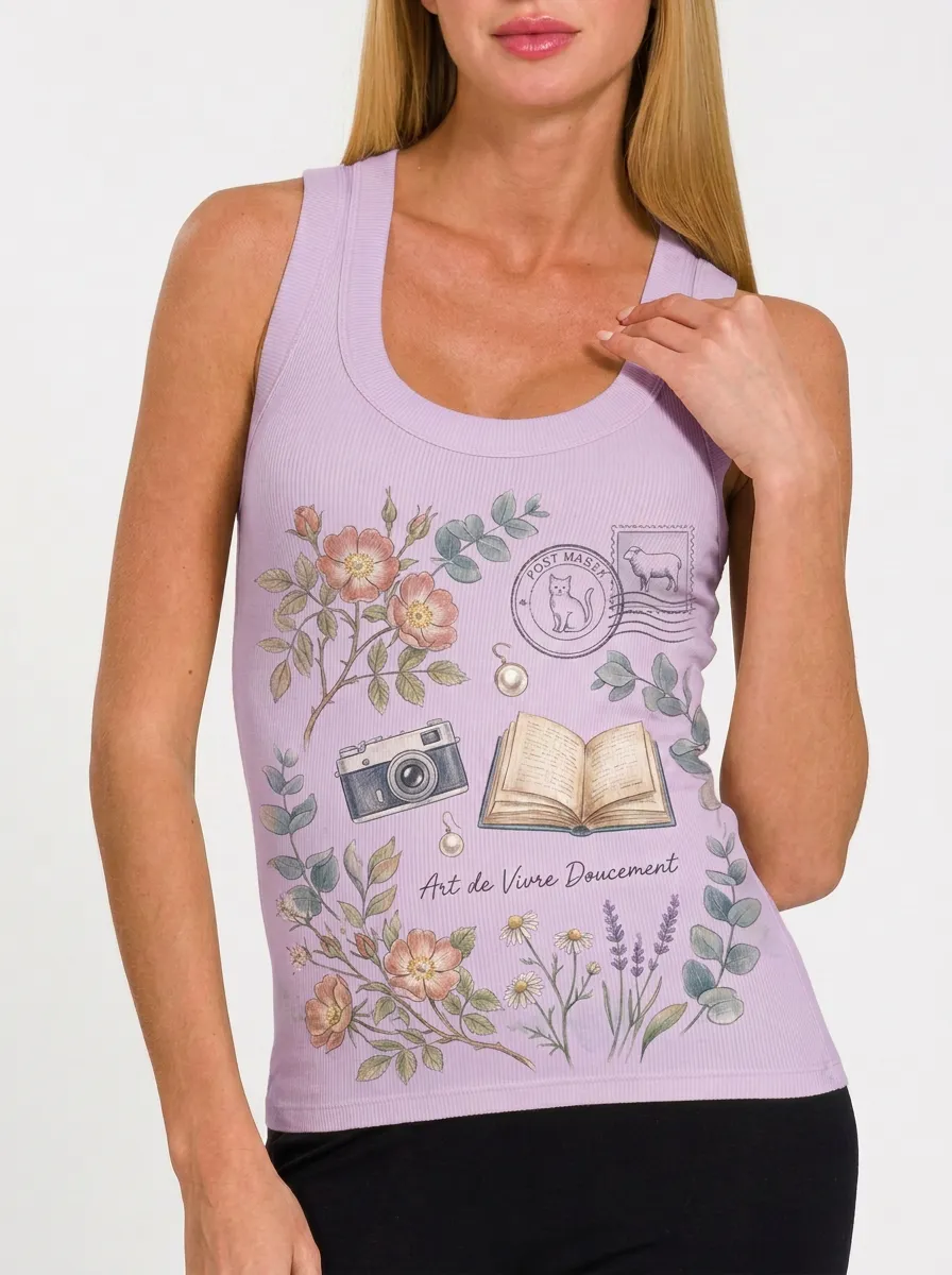 Women's Vintage Aesthetic Floral Camera Book Printed Tank Top