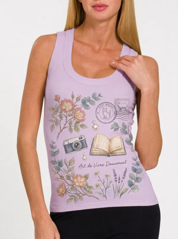 Women's Vintage Aesthetic Floral Camera Book Printed Tank Top