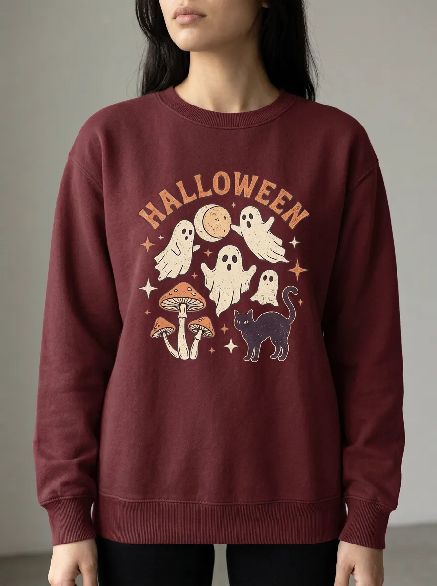 Women's Halloween Ghost Mushroom Cat Printed Sweatshirt