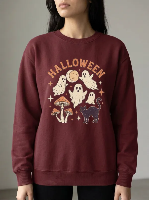 Women's Halloween Ghost Mushroom Cat Printed Sweatshirt