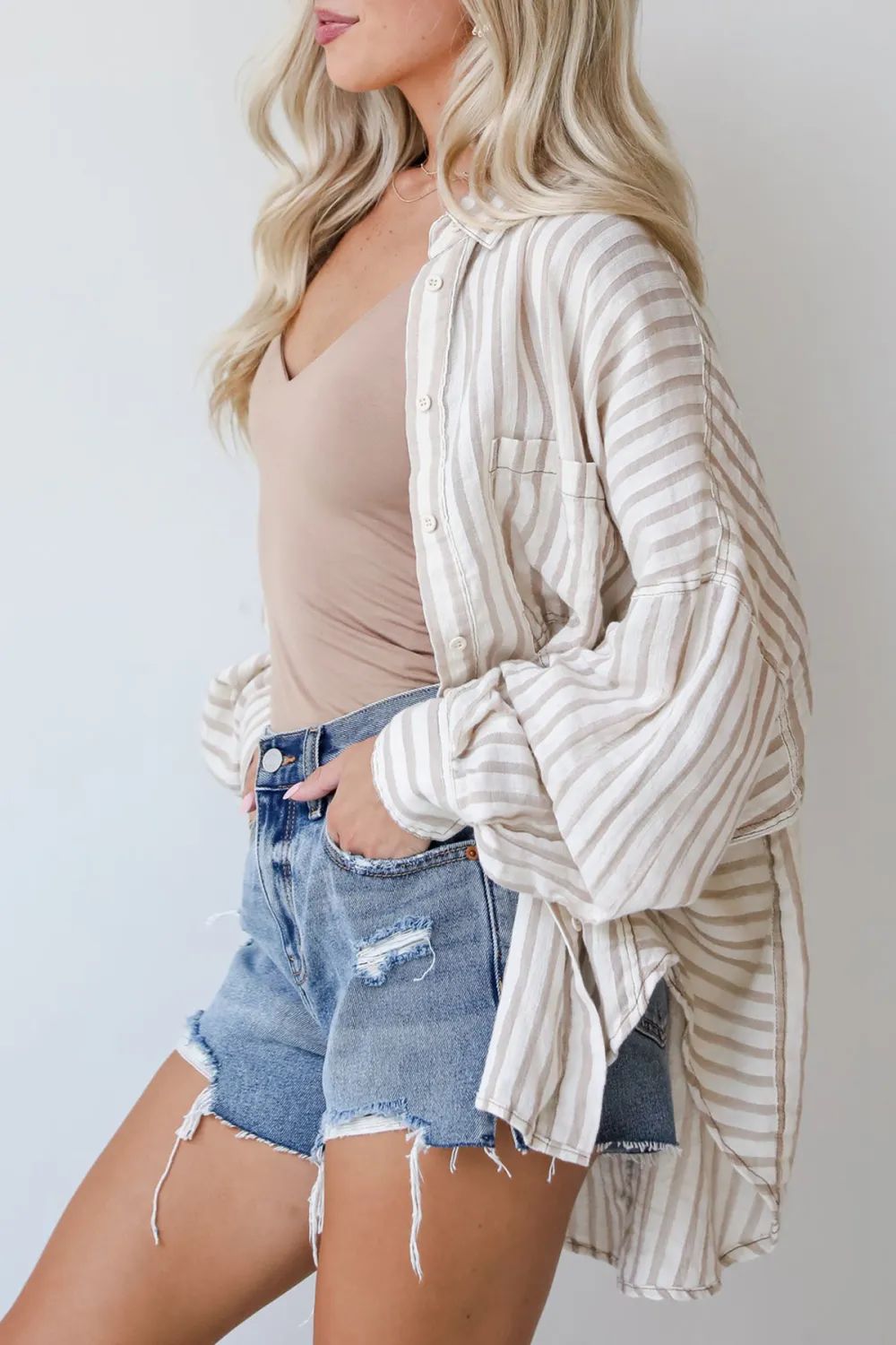 Natural Striped Button-Up Blouse