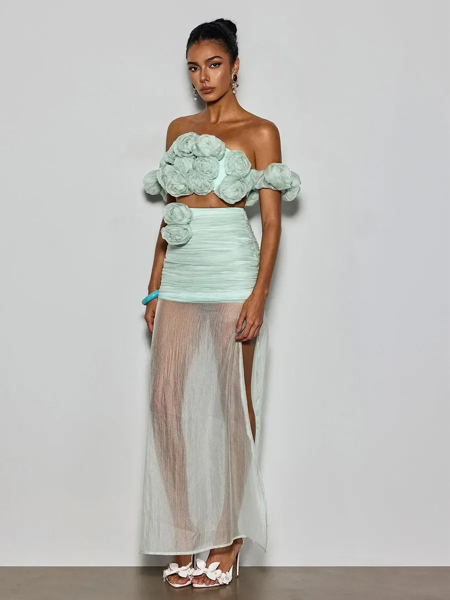 Peyton Off Shoulder Flower Mesh Skirt Set