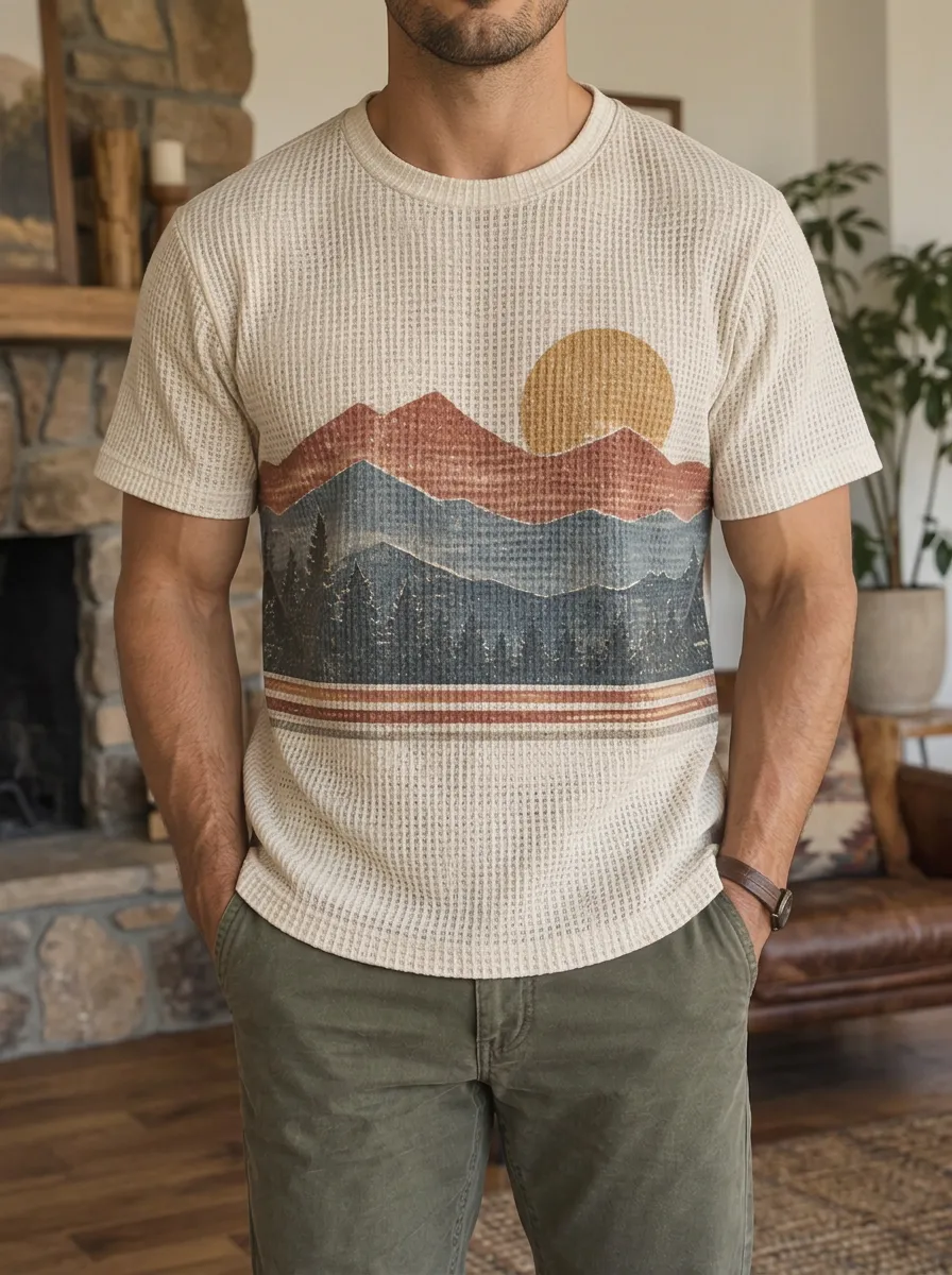 Men's Nature Lover Mountain Sunset Forest Waffle Signature Crew Neck T-Shirt