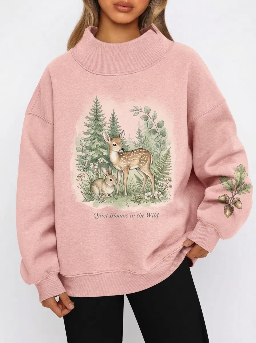 Women's Nature Lover Forest Deer Rabbit Printed Sweatshirt