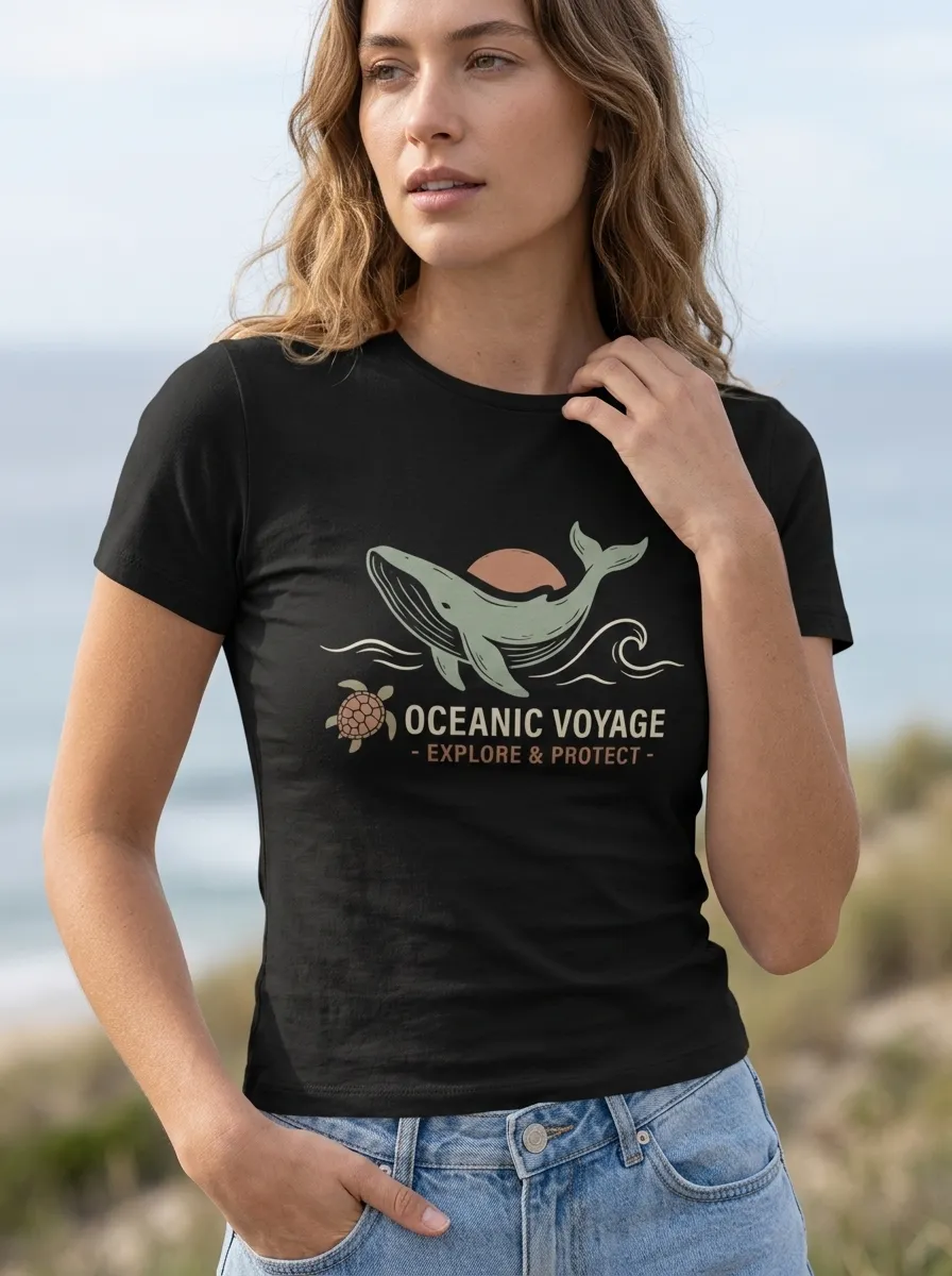 Women's Ocean Lover Whale Turtle Oceanic Voyage Printed T-shirt