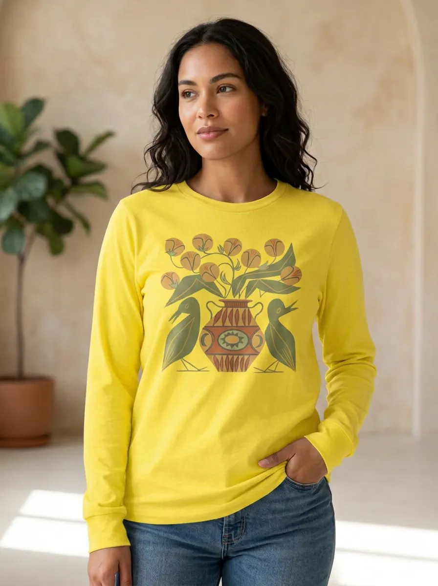 Women's Folk Art Bird and Floral Vase Printed Long Sleeve T-shirt