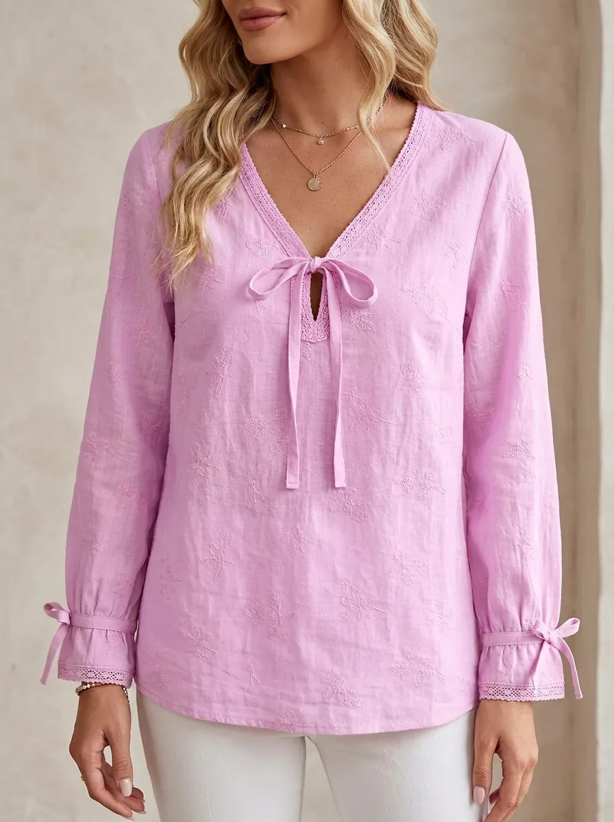 Women's V-neck Tie-neck Floral Embroidered Blouse