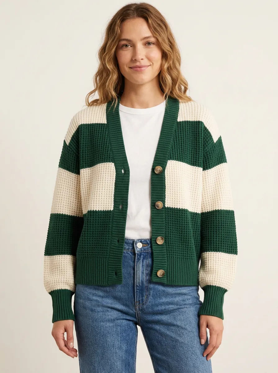 Classic Rugby Striped Waffle Knit Cardigan