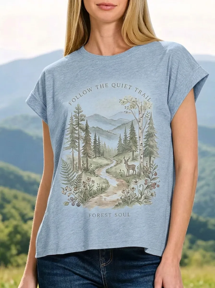 Women's Nature Lover Deer Forest Trail Printed T-shirt