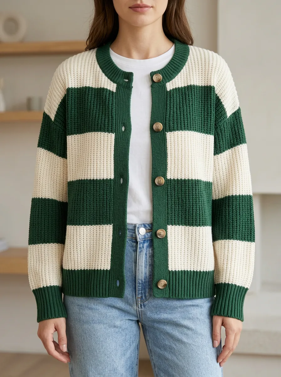 Layered Rugby Striped Button Front Knit Cardigan