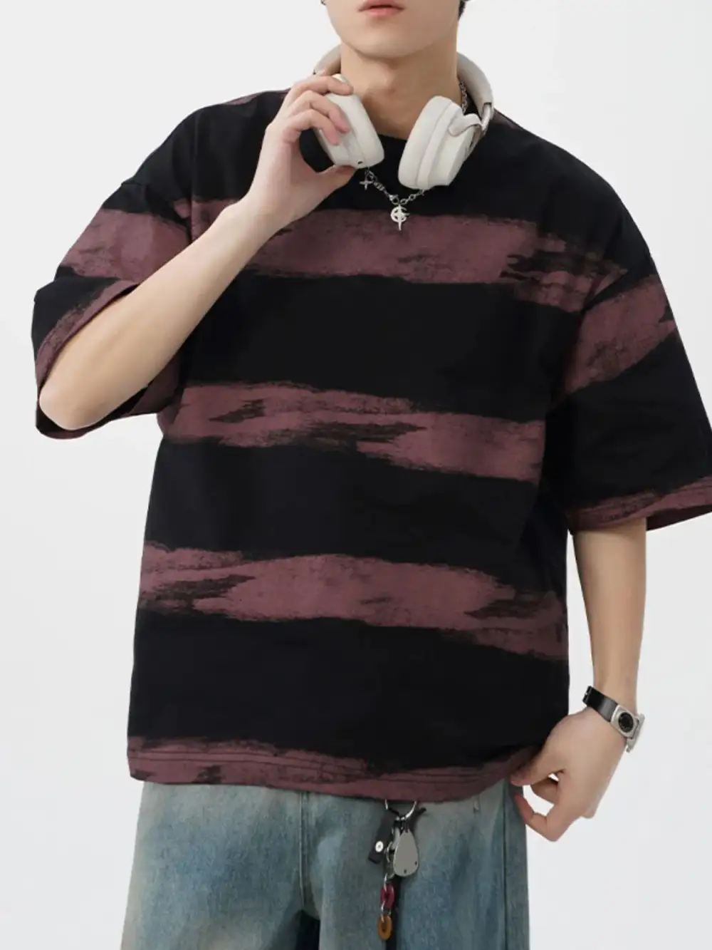 Textured Striped Crew Neck Tee