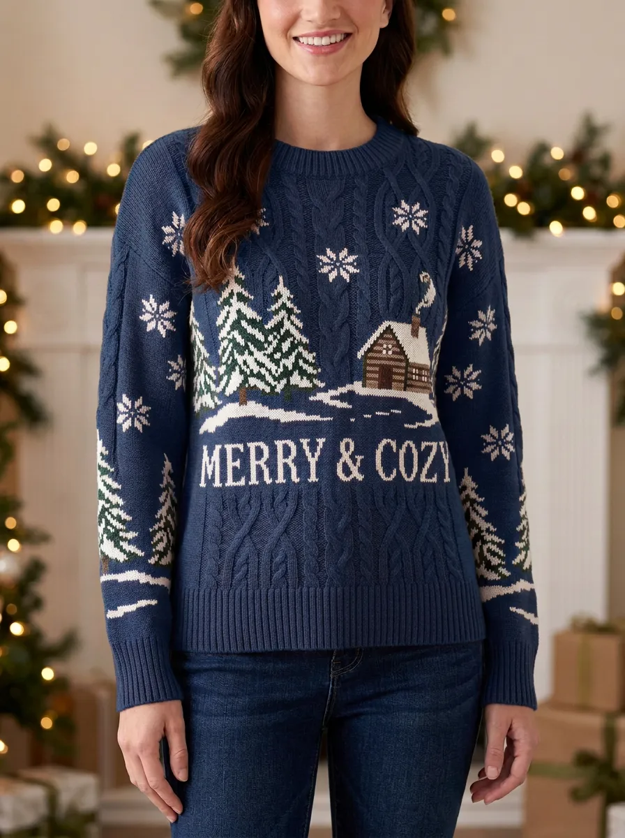 Christmas Holiday Merry & Cozy Cabin Tree Pattern Knitted Sweater