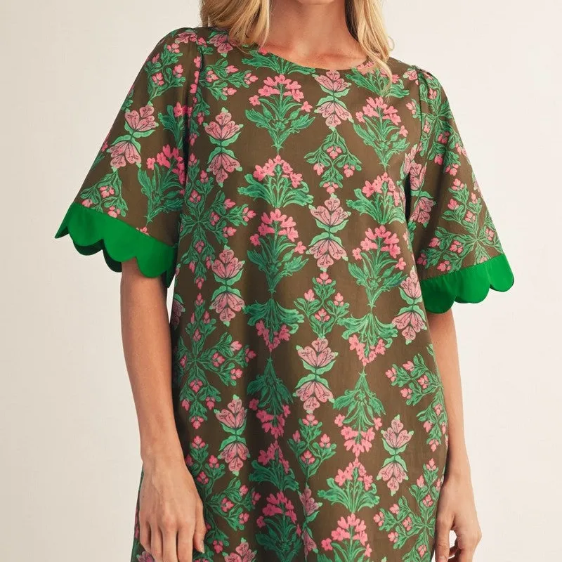 Floral Short Sleeve Baroque Detail Shift Dress