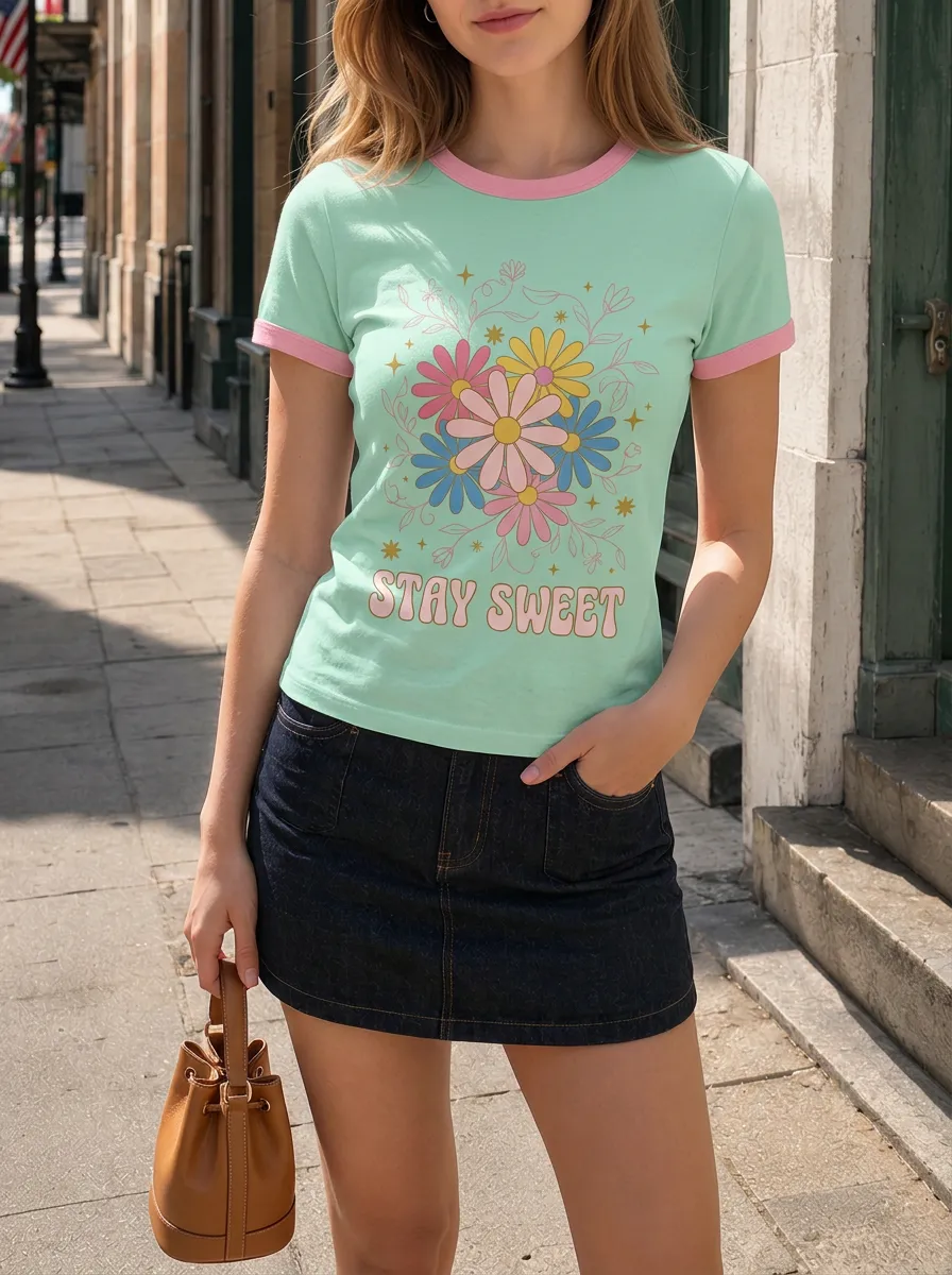 Women's Retro Floral Stay Sweet Printed Ringer T-shirt