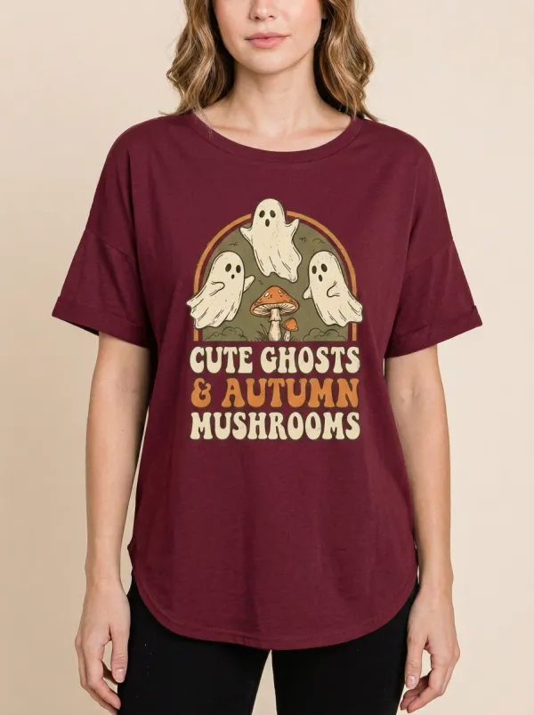Women's Halloween Ghost Mushroom Retro Printed T-shirt